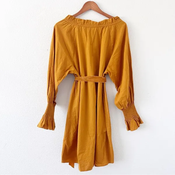 DOEN Miro Golden Hour Mustard Smocked Neck Waist Tie Boho Cottagecore Mini Dress - Image 9