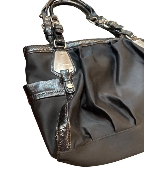 B Makowsky wms Vtg black leather canvas silver hobo shoulder handbag SKU 10537 - Image 2