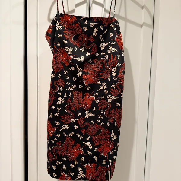 Zara Floral Black and Red dragon Satin Mini Dress like new - Image 3