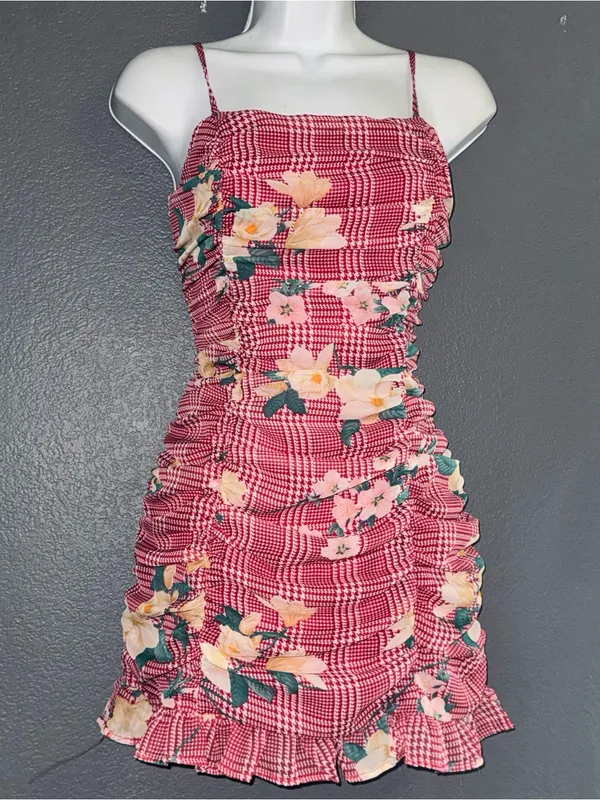 Women's Camellia Fall Red Plaid Floral Ruched Mini Spaghetti Strap Dress Small - Image 3