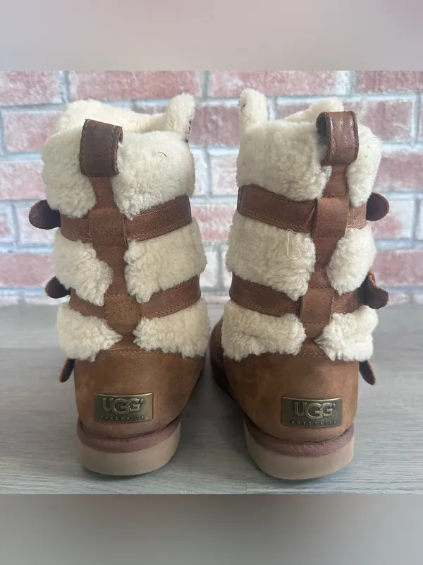 UGG Becket Tall Shearling Boots Winter Women’s 6 Chestnut Leather Buckle Snow - Image 7