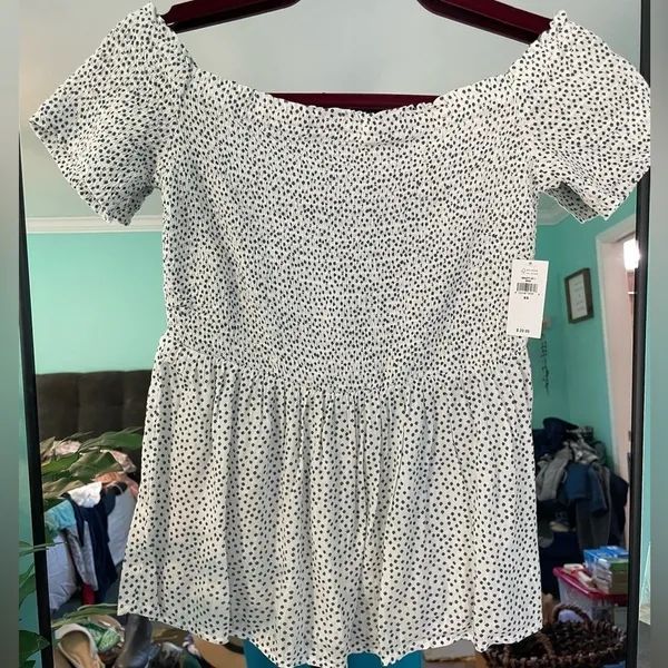 Old Navy‎ Womens Polka Dot Smocked Peplum Top White Blue XS 584277-00-1 - Image 2
