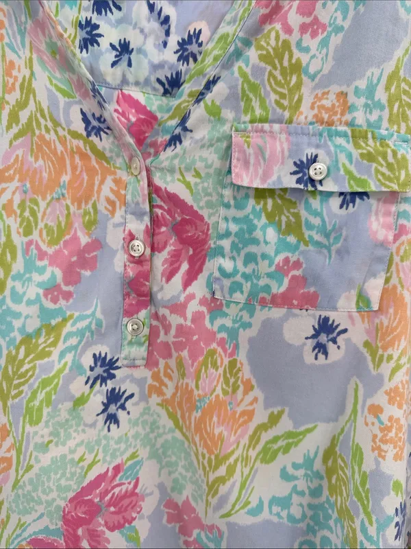 J. Jill Floral Watercolor Tunic in Blue, Pink, Green cotton roll tab sleeves M - Image 9