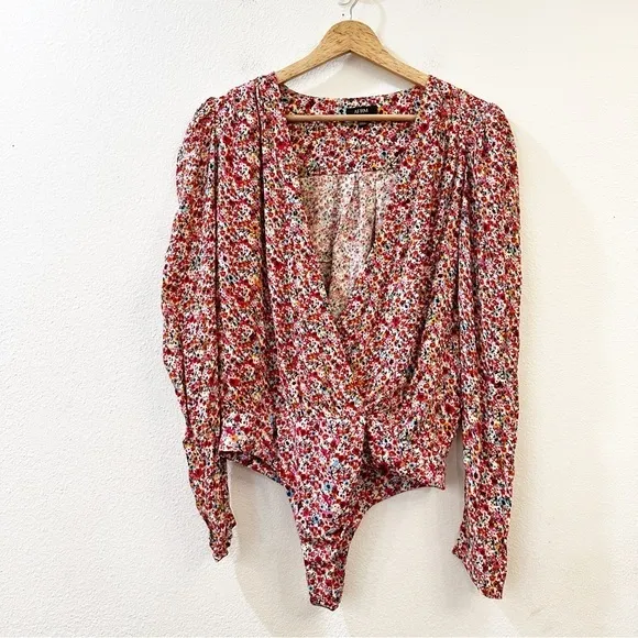 AFRM Nora Floral Bodysuit in Red‎ Ditsy Long Sleeves Size M - Image 2