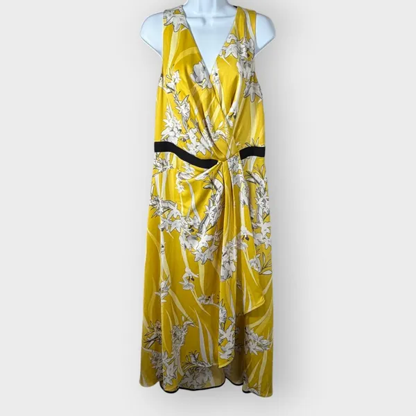 Coast Larrison Printed Satin Faux Wrap Midi Dress Yellow Floral 12 Wedding Guest - Image 2