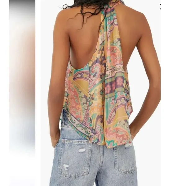 Free People Paisley Patchwork Halter Tank Top Multicolor Boho Trapeze Size M - Image 2
