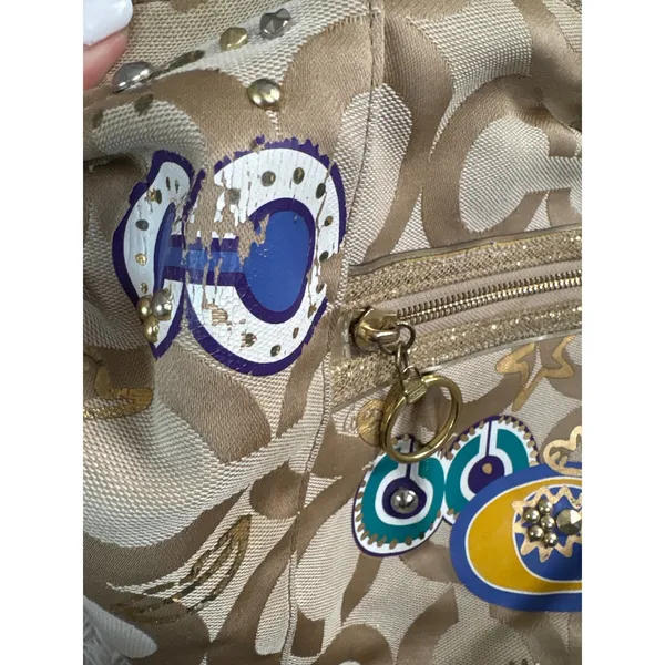 Vintage Coach Poppy Graffiti Glam Shoulder Bag Khaki Monogram Multicolor Sparkle - Image 6