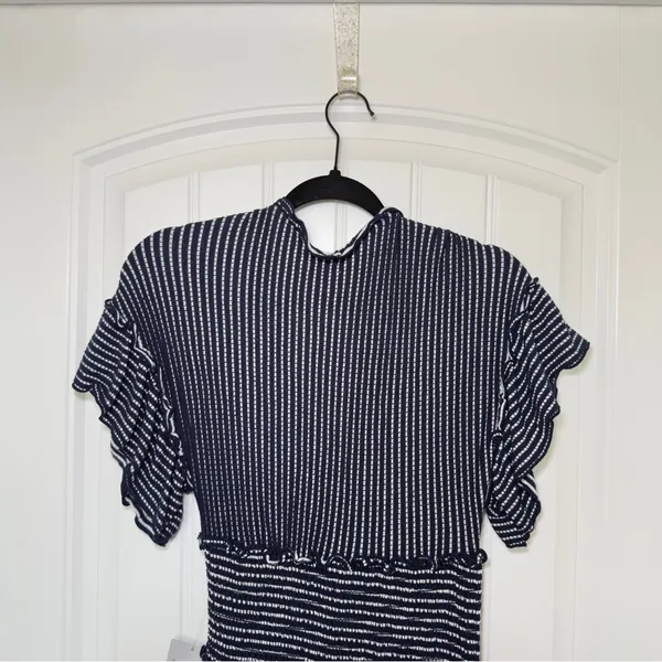 Max Studio Small Navy Jersey Smocked Waist Tiered Stripe‎ Dress Cottagecore - Image 5