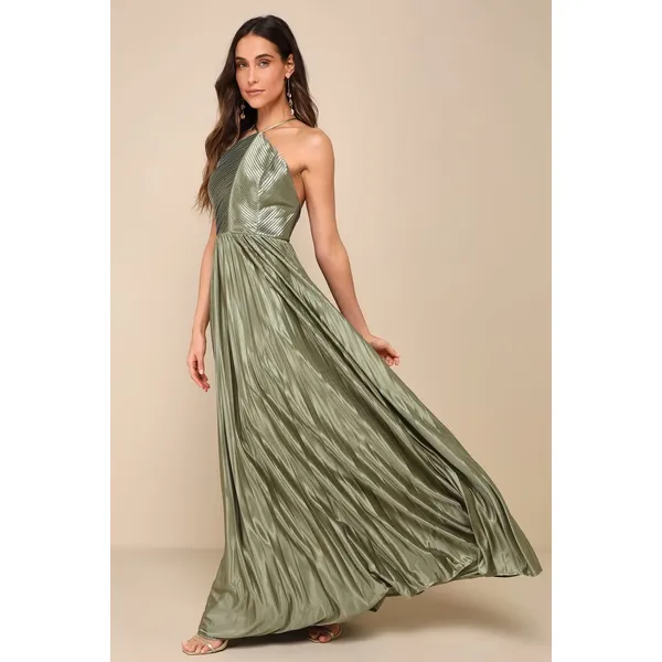 NWT Lulus Elaborate Charm Olive Green Satin Pleated Backless Maxi Dress Party S - Image 8