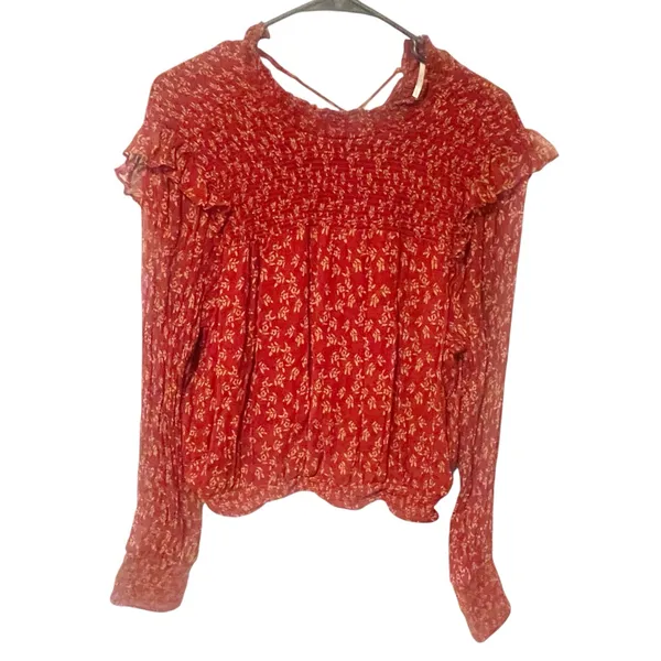 FREE‎ PEOPLE Size Large Roma Floral Smocked Top Ruffle Sheer Balloon Sleeve Top - Image 3