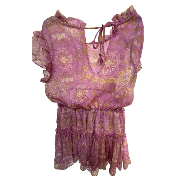 MISA Los Angeles Lilian Women's XS Pink Yellow Floral Ruffle Tiered V-Neck Mini - Image 6