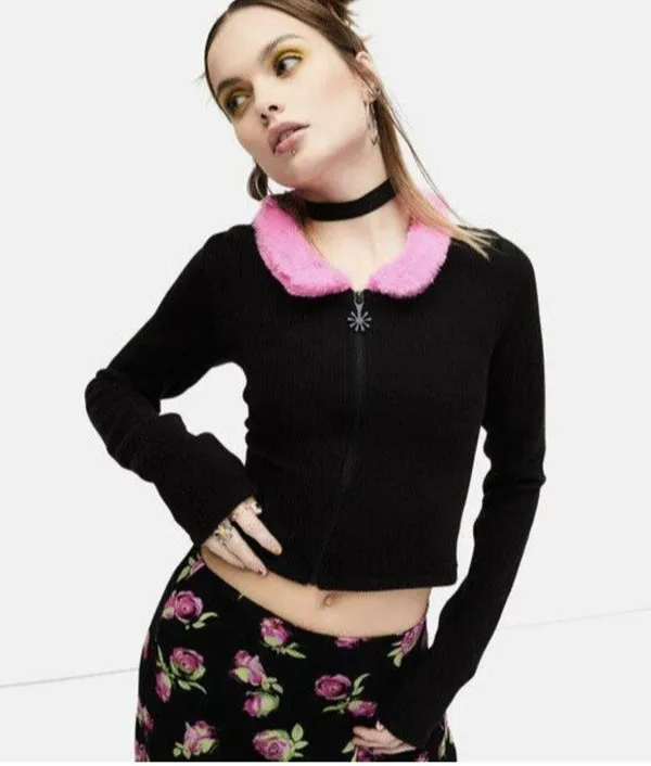 Delia’s By Dolls Kill Caught On Camera Zip Up Sweater Faux Fur Pink Collar Sz 3X - Image 2