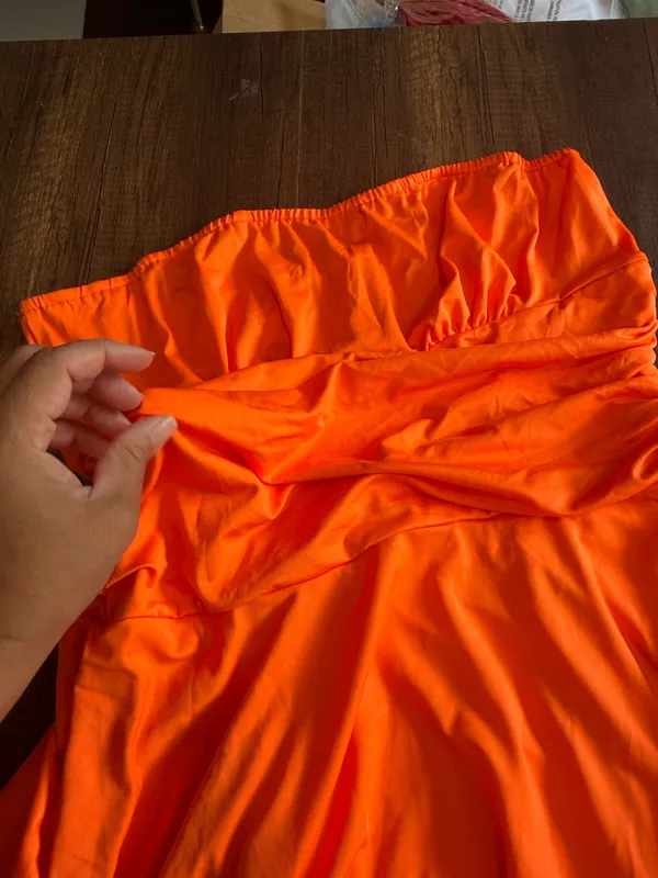 Women’s Orange Strapless Ruched Flare Dress Size XL Layered Skirt - Image 6