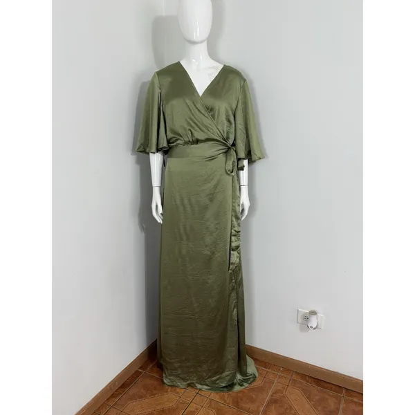Six Stories Sage Green Satin Wrap Maxi Dress Women UK 22 Flutter Sleeve NWT $199 - Image 3