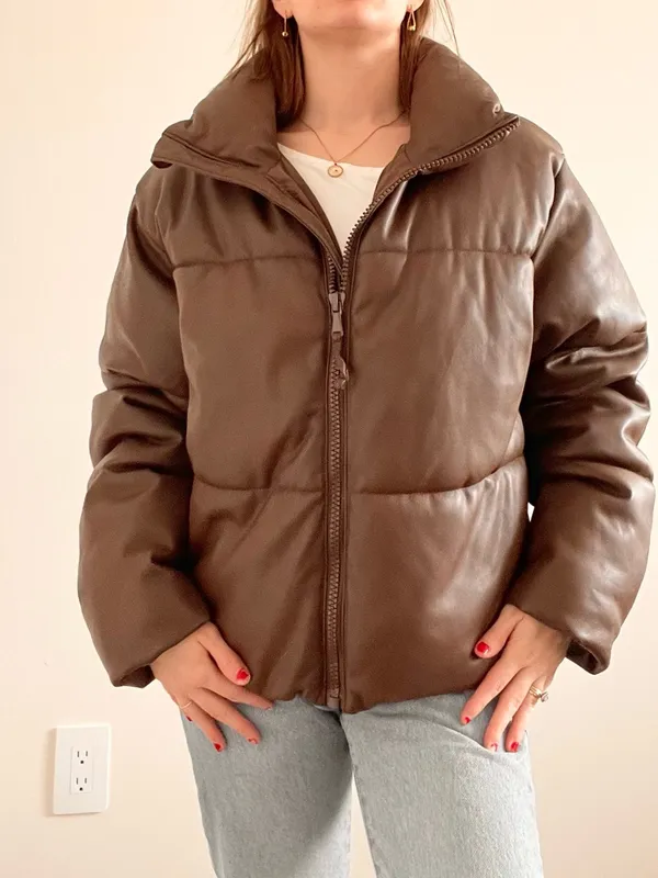 Old Navy Chocolate Brown Faux Leather Puffer Jacket - Image 2