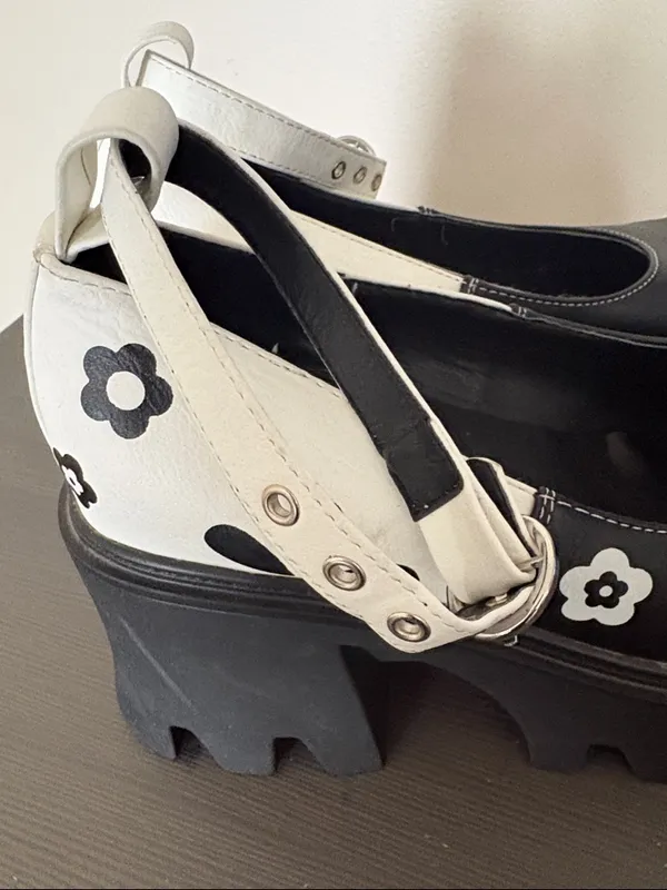 Lamoda Platform Mary Jane Y2K Heels Black White Floral Chunky Lug Sole Size 8 - Image 7