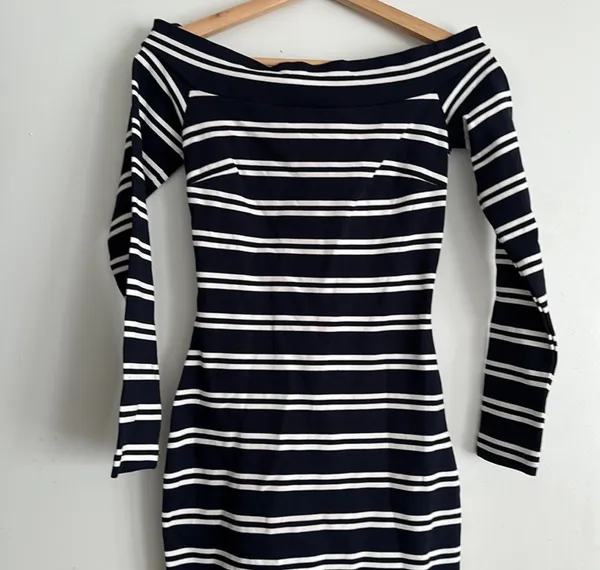Bec & Bridge Striped Off The Shoulder Bodycon Dress Navy and White - Image 3
