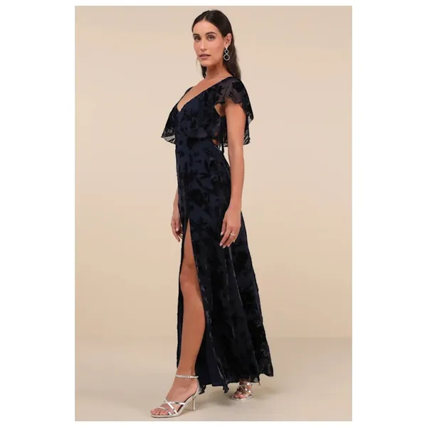NWT Lulus Romantic Wonder Navy Burnout Velvet Ruffled Tie-Back Maxi Dress Size S - Image 9