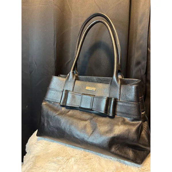 Kate Spade New York Black Pebbled Leather Bow Shoulder Bag Tote Polka Dot Lining - Image 4