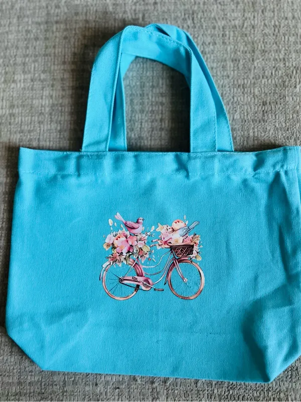 Women’s Aqua Blue Canvas Mid Size Floral/Bike Design Tote Bag NWT - Image 2