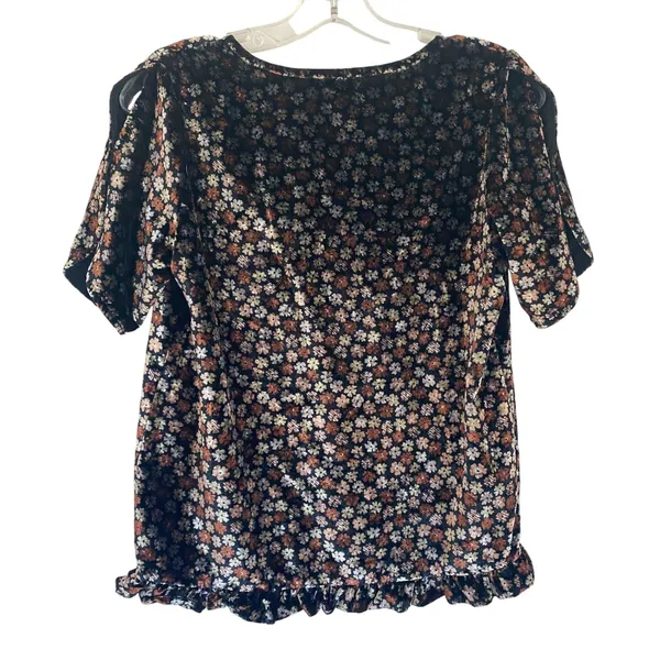 Madewell Velvet Split Sleeve Ruffle Hem‎ Floral Top Black Brown K2795 XS - Image 8