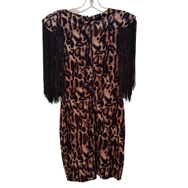 Symphony Animal Print Fringe Bodycon Mini Dress Women's Small Brown‎ Black Retro - Image 7