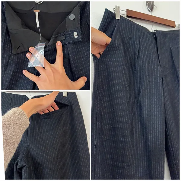 Free People Pinstripe Wide Leg Trousers 6 Navy Blue Low Rise Career Wool Blend - Image 6