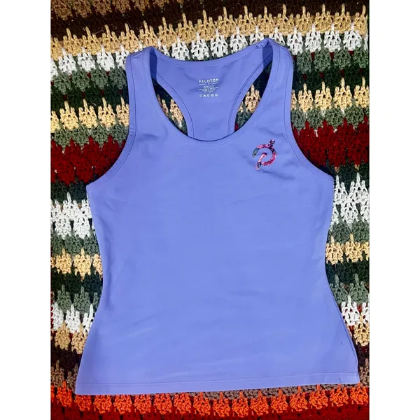 Peloton Cadent Racerback Workout Tank Top Periwinkle Purple Floral Logo Size S - Image 2