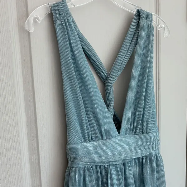 Lulus Light Blue Metallic Pleated Mini Dress V-Neck Open Back‎ 17D1756 Womens S - Image 9