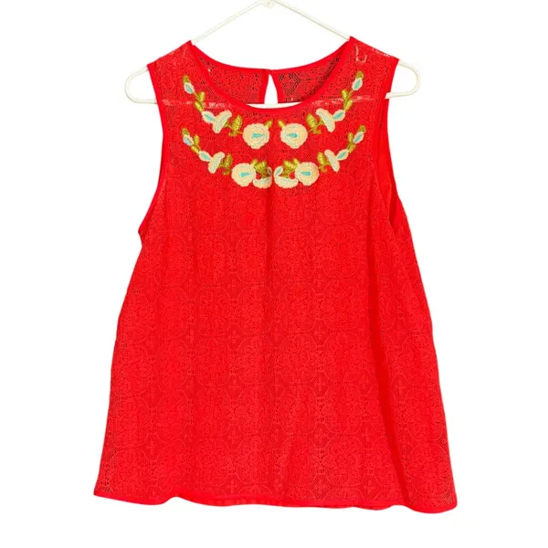Entro Womens SIze Large Red Lace Tank Top Embroidered Floral Neck Keyhole Boho - Image 2