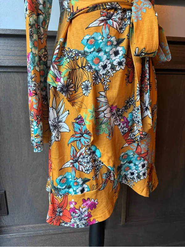 Club L London Mustard Floral Tie-Waist Long Sleeve Dress 14 EUC - Image 8