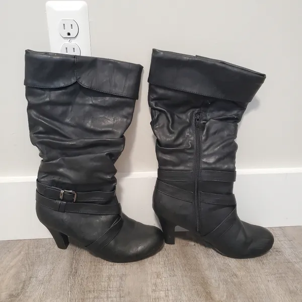 Body Natural Black PU Leather Heeled Boots Size 10 - Image 2