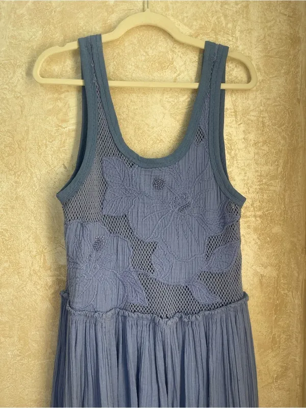 Free People Pearl Floral Maxi Dress Periwinkle Blue Cotton Crochet Knit Sz Small - Image 10