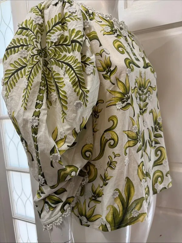 FARM RIO Milani Blouse Floral Puff-Sleeve Women's Top in Olive Green Size Large - Image 8