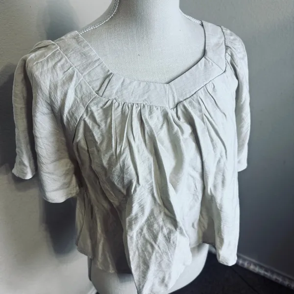 Boho Linen Blend Square Neck Blouse Peasant Beige Flutter Sleeve Top Cottagecore - Image 3