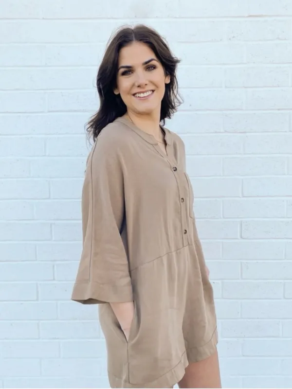 Show Me Your Mumu Horton Romper Sz L Boho Chic Western Minimalist Coastal Khaki - Image 5
