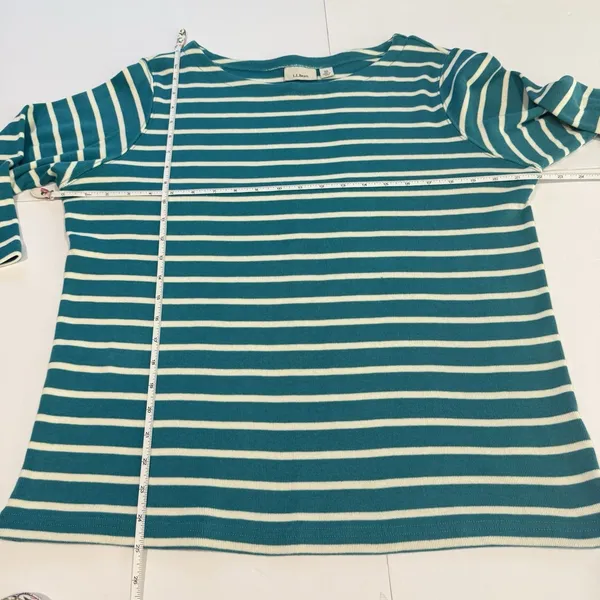 LL Bean Teal Striped Boat Neck 3/4 Sleeves Rib Knit Shirt Size XL - Image 6