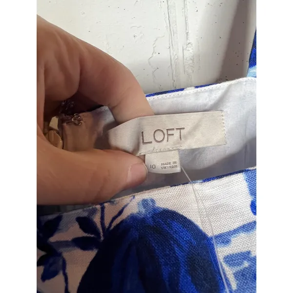 LOFT Blue White Linen Blend Tropical Landscape‎ Toile Shift Dress Size 10 NWTn - Image 2