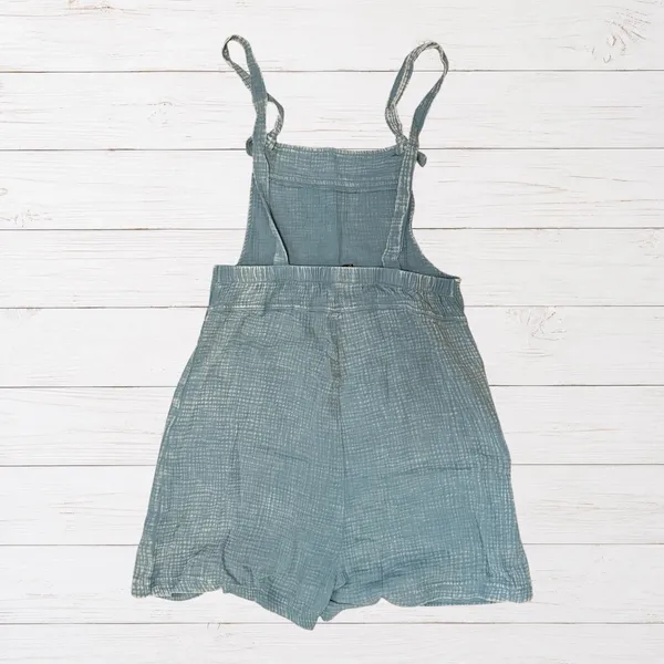 Boho Dusty Blue Gauze Shortalls Romper Acid Wash Cotton Cottagecore Small Zenana - Image 3