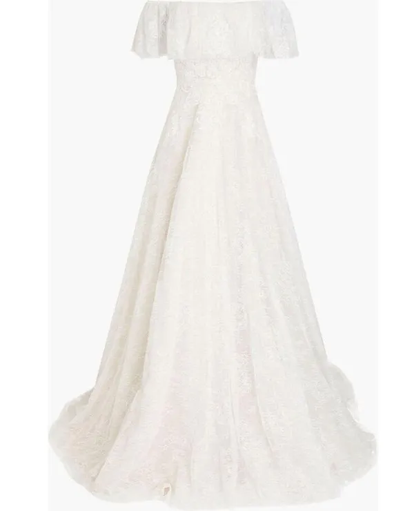Theia Imelda off-the-shoulder embellished Chantilly Ivory lace bridal gown sz O - Image 5