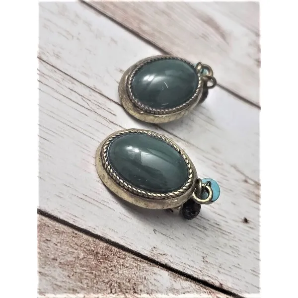 Vintage Clip On Earrings - Green Oval with Dangles - Image 2