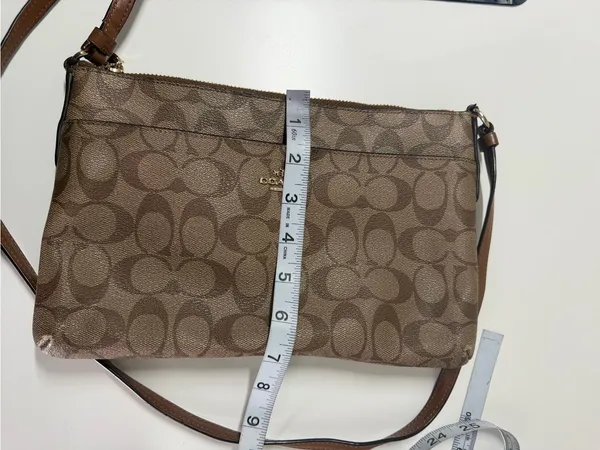 Coach‎ Signature Monogram Khaki Brown Leather Trim Crossbody Bag - Image 12