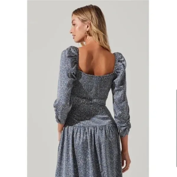 ASTR Puff Sleeve Sweetheart Neck Boho Satin Dress Blue Floral Size Small NWT - Image 5