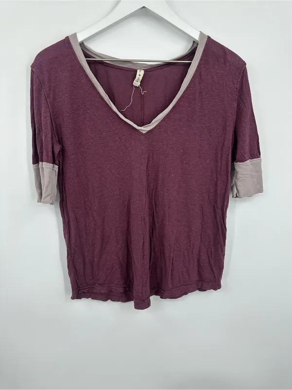 Free People Plum Ringer Shirt Size Small Boho V Neck - Image 2
