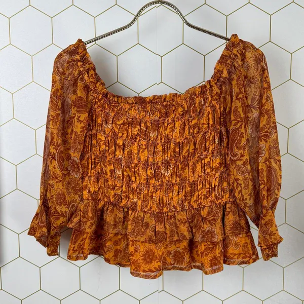 Patrons of Peace Crop Floral Smocked Ruffle Marigold Top - Size - Medium - Image 2