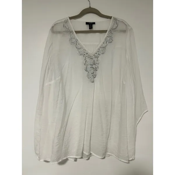 Alfani Boho 22W White Silver Sequin Beaded V-Neck Kimono Sleeve Tunic Top Womens - Image 2