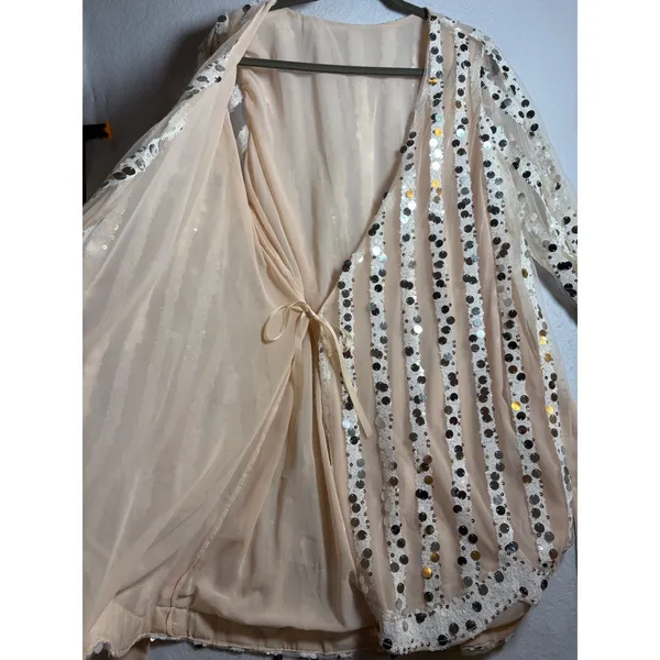 Champagne Sequin Striped Wrap Mini Dress Long Balloon Sleeve V-Neck Party - Image 7