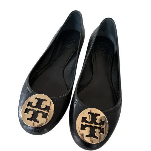 Tory Burch Black Leather Reva Logo Round-Toe Ballet Flats - Image 3