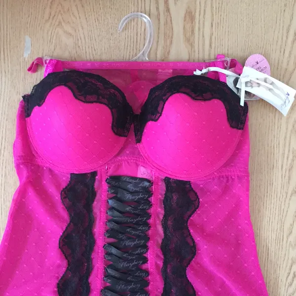 #1 New Playboy Vintage Sexy Padded Bustier With Thong Hot Pink Black size Medium - Image 2