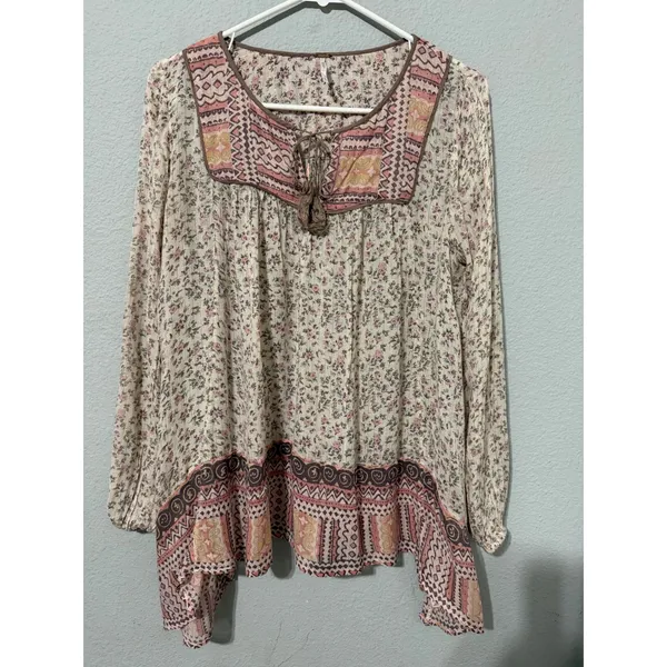 Free People Blouse S Floral Metallic Tassel Peasant Blouse Pink Cream Cottage - Image 2